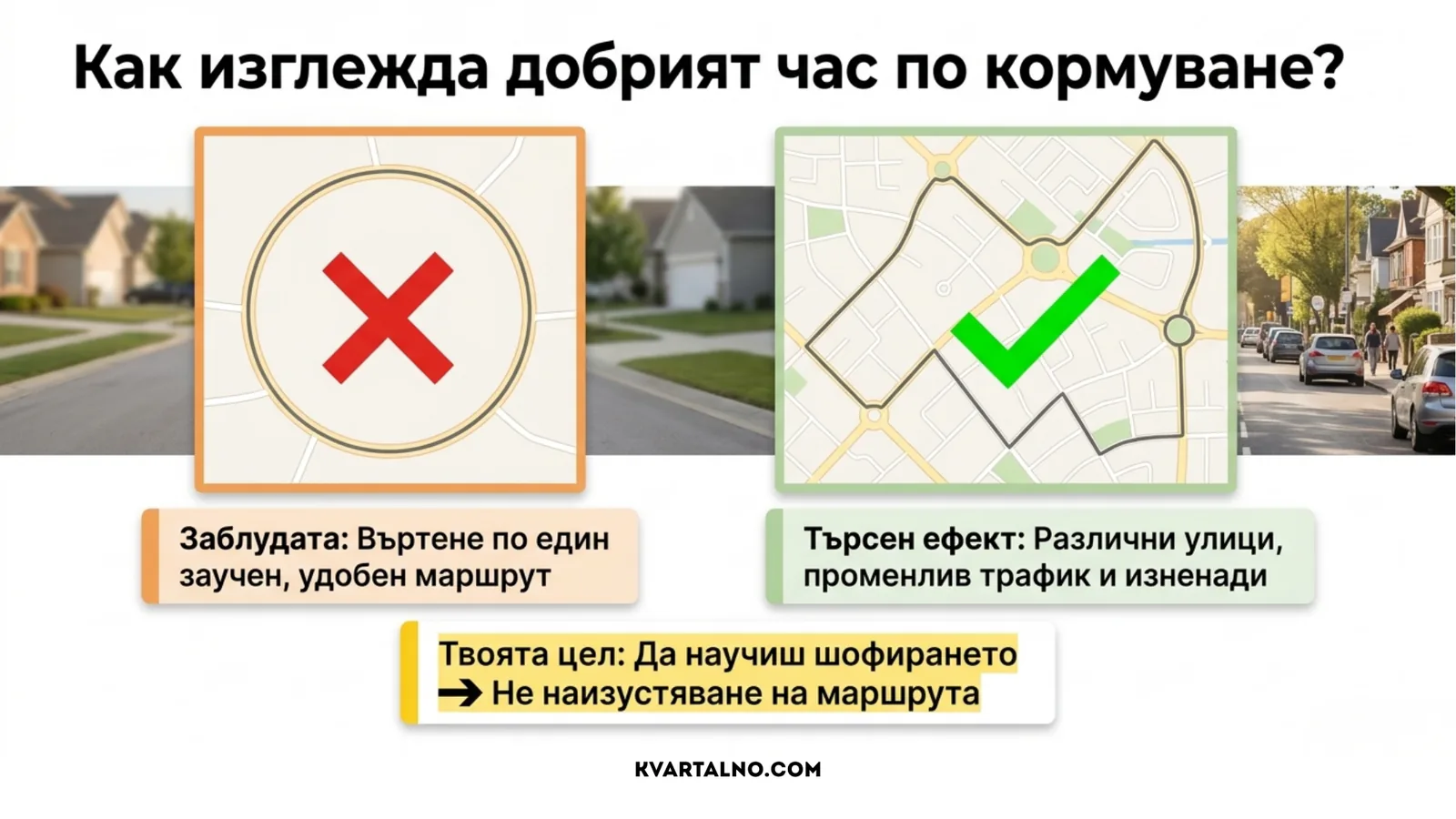 Добрият час по кормуване включва различни улици, променлив трафик и непознати ситуации вместо един заучен маршрут
