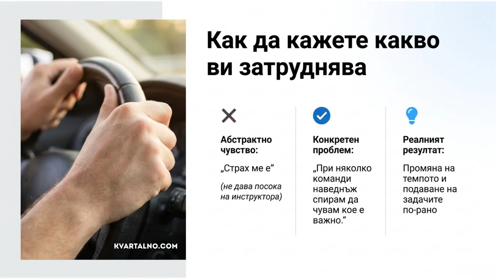 Как да превърнете общото притеснение в конкретно обяснение, което помага на инструктора да промени темпото